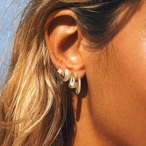 Small Gold Hoop Earrings Set for Women, 14K Gold Plated Lightweight Earrings Sets for Multiple Piercing, Hypoallergenic Huggie Gold Hoops Earrings for Women Jewelry thumbnail 5