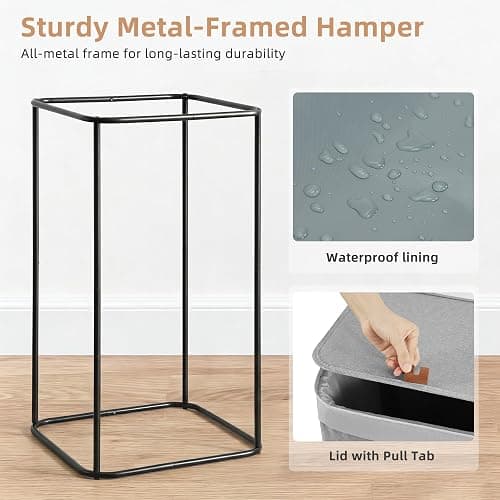 STORAGE MANIAC 2-in-1 Laundry Hamper with Laundry Backpack Bag, 90L Metal Frame Laundry Basket, Dirty Clothes Bag with Shoulder Straps and Mesh Pocket for College, Travel, Laundromat, Apartment, Gray thumbnail 5