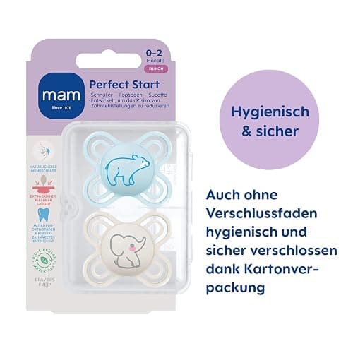 MAM Perfect Start Schnuller im 2er-Set, speziell für Neugeborene, zahnfreundlicher Baby Schnuller aus nachhaltigen & bio-erneuerbaren Materialien, mit Schnullerbox, 0-2 Monate, Bär/Elefant - 0-2 Monate - Bär/Elefant thumbnail 2