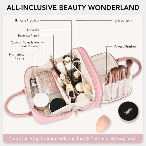 Travel Makeup Bag for Women Fashion Large Capacity Pouch Open Flat Cosmetic Portable Organizer Waterproof Large Opening Storage Toiletry Bags Vertical Free-Standing Brush Holder for Easy Access Pink thumbnail 4