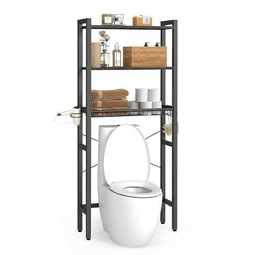 VASAGLE Over the Toilet Storage, Over Toilet Bathroom Organizer with Adjustable Shelves and Basket, 3 Hooks, Space Saving, 9.4 x 23.6 x 63 Inches, Ebony Black UBTS113BE01S thumbnail 3