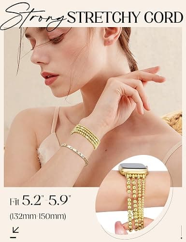 JR.DM Gold Beaded Bracelet Bands Women Compatible with Apple Watch 42mm(S3/2/1) 44mm 45mm 46mm 49mm Dressy Pretty Stretchy Elastic Jewelry Strap for iWatch Series 11/10/9/8/7/6/5/4/3/2/1/SE/Ultra thumbnail 2