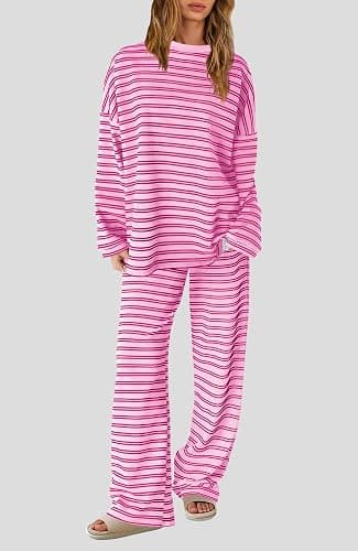 SENSERISE Womens Striped Lounge Set 2 Piece Outfit | Striped Long Sleeve Shirt, Wide Leg Pants, Pajamas Set, Crewneck, Color Block, Loose Fit, Casual Fall Airport Travel Outfit thumbnail 4