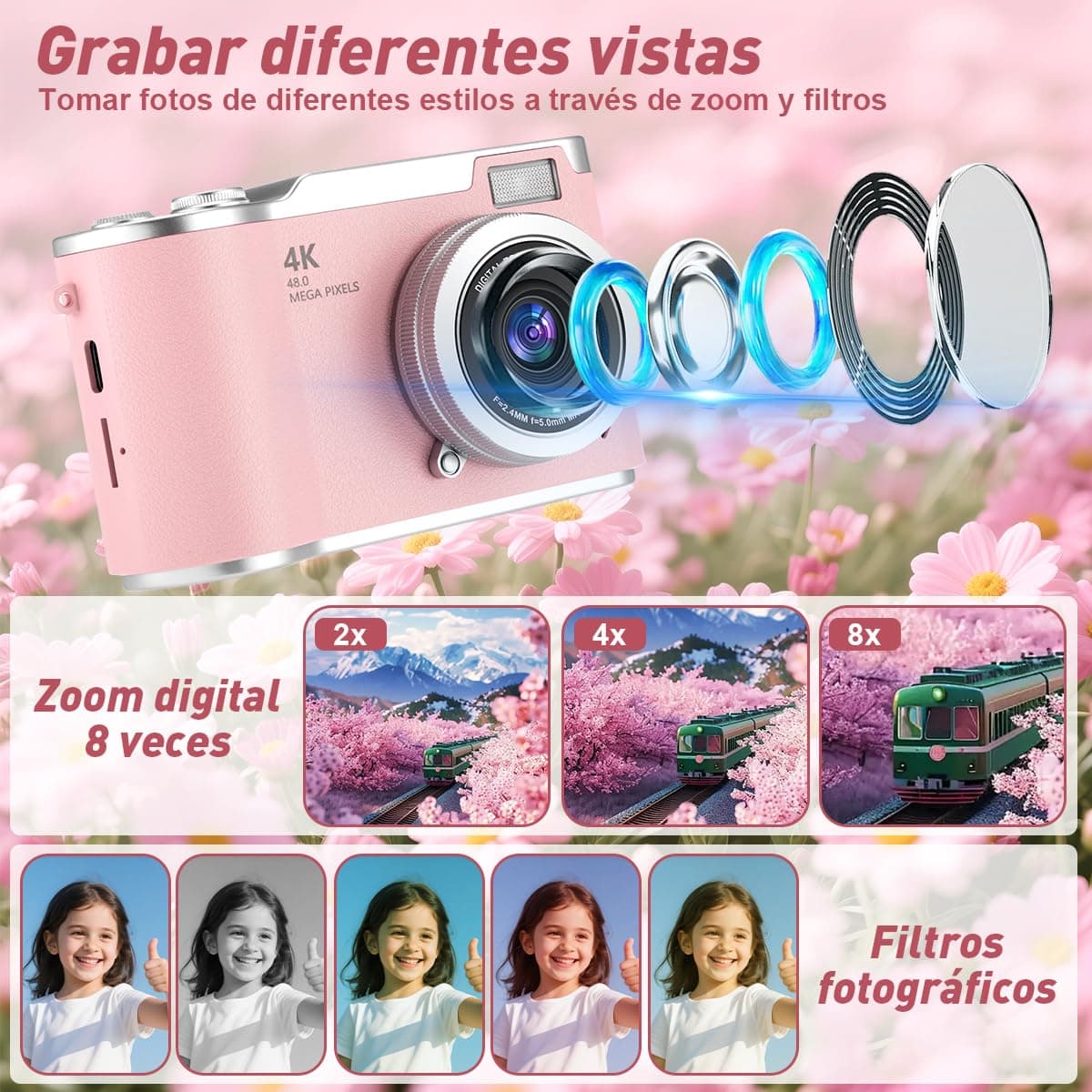 Cámara Digital 4K, Cámara Compacta HD 1080P 48MP，con Zoom de 8X, Enfoque Automático, Tarjeta de 32 GB, Pantalla Abatible de 2,4 Pulgadas,Adecuada para Estudiantes, Fotografía de Viajes y Vlogs (Rosa) thumbnail 4