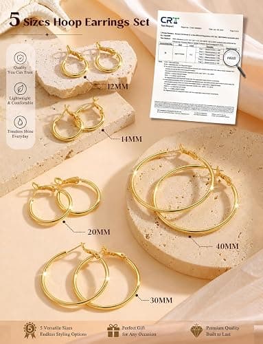 5 Pairs 925 Sterling Silver Post Hoop Earrings for Women, Hoop Earring Set | Small Medium Large Hoop Earrings,12-60mm Sizes,14K Gold Plated & Silver Hoops,Lightweight Stackable Earrings, Hypoallergenic thumbnail 6