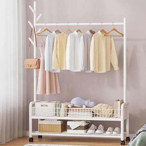 Qshare Clothing Rack with Wheels, Multi-Functional Bedroom Clothing Rack,Garment Rack with Bottom Shelves and Basket,Garment Rack Free-Standing Clothes Rack for Hanging Clothes (White) - Image 1