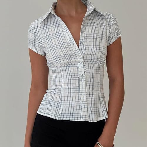 Women Y2k Short Sleeve Button Up Shirt Lapel Collar V Neck Plaid Open Front Blouse Basic Casual Going Out T-Shirt thumbnail 4