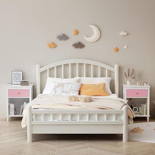 Nightstand with Drawer for Kids, Adults, Wood Bed Side Table with Storage Shelf, Night Stand for Bedroom, 2-Tier Storage End Table for Living Room, White + Pink thumbnail 4