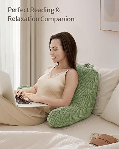 Blissful Diary Reading Pillow, Stylish Bed Pillow with Shredded Memory Foam for Adult Children Backrest, Back Pillow for Bed & Couch Sitting Up with Arms & Pockets & Washable Cover (Sage Green) - Sage Green thumbnail 5