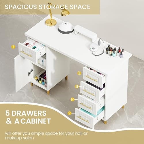 MaverickFurni Nail Tech Desk for Nail Tech, 43 Inch Wooden Manicure Table with Storage, Nail Table with 5 Drawers and Cabinet, Manicure Desk Nail Station (White) thumbnail 7