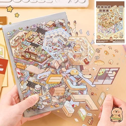 Wnqou 20 Sets DIY 3D House Stickers Collection Book, 3D Scene Miniature, Miniature Simulated Cabin Scene Game, Cute Cartoon Stickers for Adults and Kids, Fun Room Sticker Material Book for Girls thumbnail 2