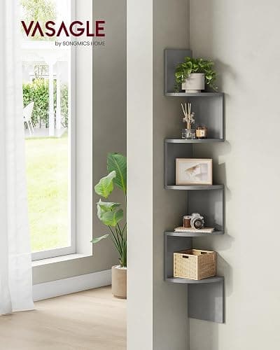 VASAGLE Corner Shelf Wall Mount, 5-Tier Floating Corner Bookshelf, Plant Shelf for Bedroom, Living Room, Bathroom, Home Office, Dove Gray thumbnail 2
