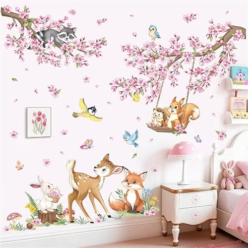 decalmile Woodland Animals Pink Flower Wall Stickers Cherry Blossom Branch Deer Fox Wall Decals Baby Nursery Kids Bedroom Living Room Home Decor thumbnail 3
