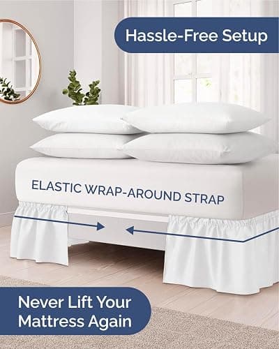 Wrap Around Dust Ruffle Bed Skirt, Full Size Beds - 24 Inch Drop, White | Easy Fit Elastic Strap, Adjustable Pleated Bedskirt w/Brushed Fabric, Wrinkle & Fade Free, for Women, Men, Kids & Teens thumbnail 3