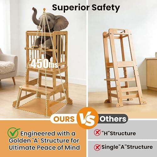 HBTower Toddler Standing Tower, Kids Kitchen Step Stool with Safety Rails | Stable Toddler Learning Tower for Kitchen Counter with Anti-Slip Feet, Hold Up to 450 LBS, Natural Bamboo & Easy to Clean thumbnail 4