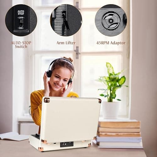 Retrolife® Record Player,3-Speed Bluetooth Suitcase Vinyl Player-White | Built-in Stereo Speakers, Portable Turntable Plays 7/10/12" Records, 33/45/78 RPM, Bluetooth Streaming, RCA/Headphone Jack thumbnail 7