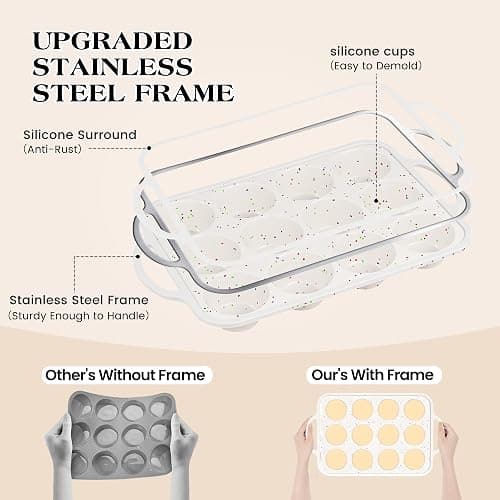 AOTASO Regular 12 Cup and Mini 24 Cup Nonstick Cupcake Pan Set Silicone Muffin Pan for Baking Silicone Cupcake Mold with Metal Reinforced Frame BPA Free (2 Pcs, Cream) thumbnail 3