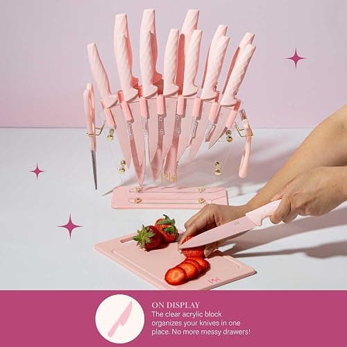 Paris Hilton Knife Block Set with Fan Style Clear Acrylic Knife Block, Premium Stainless Steel Blades with Nonstick Coating, Comfort Grip Handles, 16-Piece Set, Pink and Gold thumbnail 5