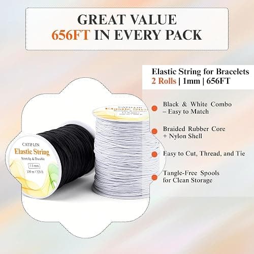 CATIFLIN Elastic String for Bracelets 2 Rolls 1mm 656FT, Stretchy Cord for Beading, Jewelry Making, Pony Beads, Charms, DIY Crafts, Black and White Nylon Thread, Strong Bracelet Supplies thumbnail 4