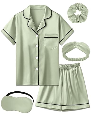 ALHAVONE Kids Silk Pajamas Girls Satin Pajama Set Button Down Pjs Set 5-12Y | Button-down top with pocket, elastic waist bottoms. 3 accessories. Ideal for sleep, birthday, spa party, Christmas, gifting - Image 1