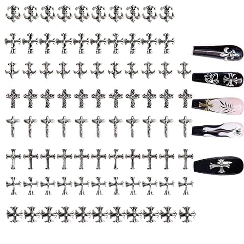 Leeneen 80Pcs Silver Metal Cross Nail Charms for Nails Design,Y2K 3D Chrome Nails Art,Vintage Alloy Cross Heart Skull Acrylic Charm for Women, Halloween Nail Supplies - Image 1