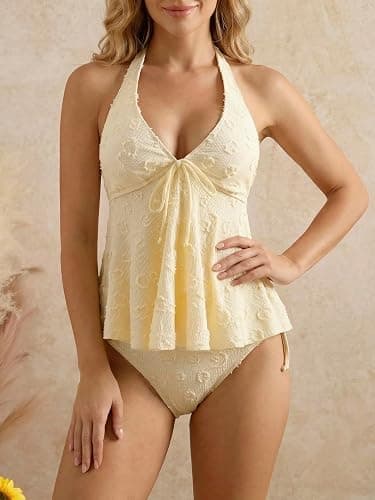 Verdusa Women's 2 Piece Halter Tankini Set Textured Babydoll Tops with Panty Swimsuits thumbnail 3