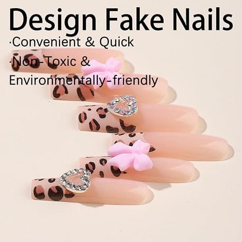 Long Square Press on Nails French Leopard Print Stick on Nails with 3D Bow Love Design Glue on Nails Cute Nude Fake Nails Rhinestone False Nails Glossy Acrylic Nails Full Cover Nails for Women 24Pcs thumbnail 8
