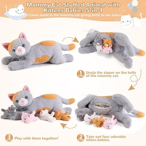 gnomantic 5 Pieces Cat Stuffed Animals with Babies Inside Belly - 1 Mommy Stuffed Cat with 4 Kittens - Stuffed Kitty Plush Toys for Kid Age 3-8, Gift Ideal for Christmas, Valentine's, Birthday (Grey) - Grey Cat thumbnail 3