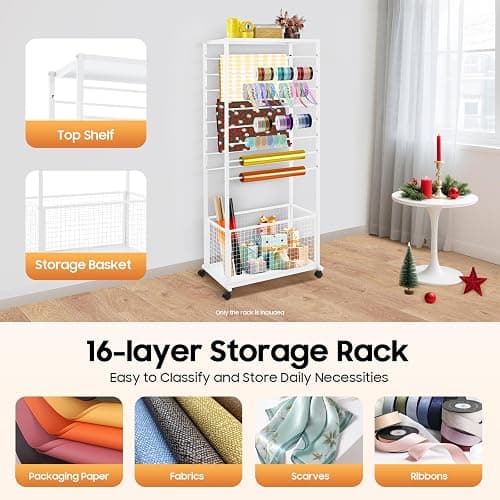 InSyoForeverEC Ribbon Holder Organizer Rack, Double-Sided 16-Layer Ribbon Storage Floral Wrapping Paper Stand with Wheels, Rolling Ribbon Spool Racks Metal Display Shelf for Flower Shop (White) thumbnail 2