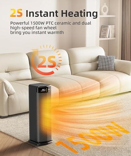 BREEZOME Space Heater for Indoor Use, 1500W Fast Heating Electric Heater with Thermostat & 24H Timer, 90°Oscillating PTC Ceramic Heater, Portable Room Heaters for Home Bedroom Office, Dark Grey thumbnail 3