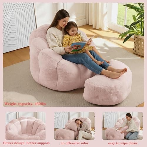 Bean Bag Chair with Ottoman, Pink Flower Bean Bag Chairs for Adults and Teens, Comfy Plush Faux Fur Reading Chair for Living Room, Bedroom, Apartment, Dorm thumbnail 6