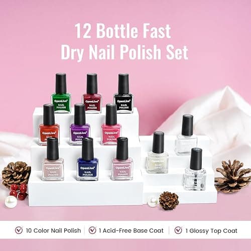 OpenLive 12 PCS Nail Polish Set With 10 Colour Combo, 2 PCS Base And Top Coat,Fast Drying Nail Polish For Home DIY And Beginners. thumbnail 2
