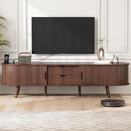 Alohappy 69" Mid Century Modern TV Stand with Charging Station, Farmhouse Curved Edge TV and Media Console Table with Drawer and Shelf, Fluted Entertainment Center for Living Room, Bedroom, Walnut - 69"L X 17.7"H X 15.7"H - Walnut