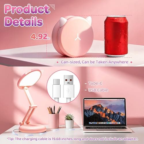 One Fire Cute Desk Lamp Pink Dorm Lamps for College Girls Foldable Portable Rechargeable Dimmable Cute Cat Lamp Kawaii Room Decor,College Dorm Decor for Girls Pink Classroom Essentials thumbnail 6