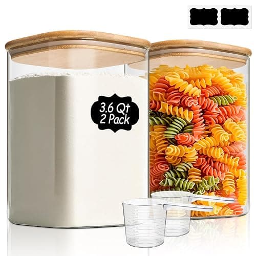 ComSaf 3.6 Qt Glass Food Storage Containers Set of 2, Large Storage Containers with Lids, Square Glass Jars with Lids, for Flour and Sugar, Cereal, Rice, Pasta, Oats, Coffee Beans - Image 1