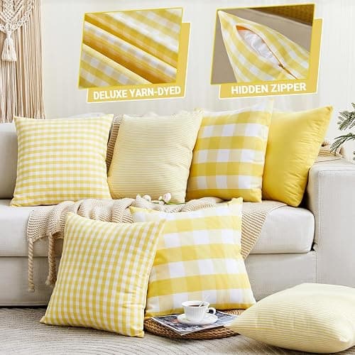 Yellow Striped Summer Outdoor Throw Pillow Covers 18x18 Set of 2, 18 x 18 Yellow and White Outdoor Throw Pillows, Modern Farmhouse Boho Decor Pillow Covers for Porch Patio (No Pillow Inserts) thumbnail 5