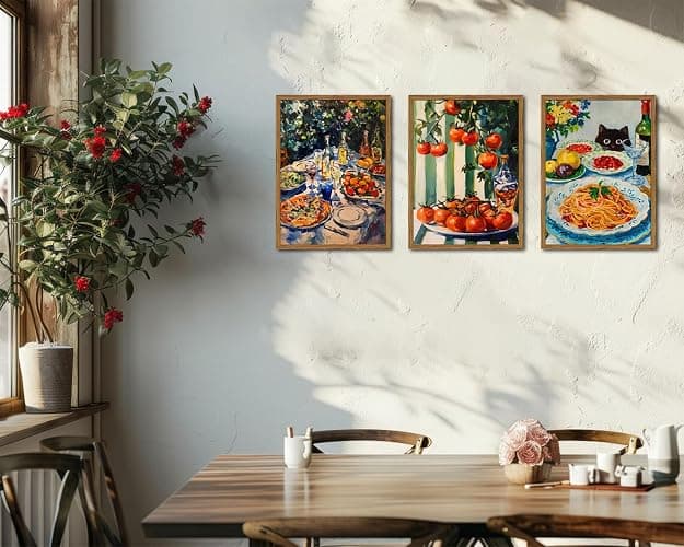 Framed Vintage Italian Kitchen Canvas Wall Art Set of 3, Funny Black Cat with Pasta Food Pictures Wall Decor, Rustic Tomato Paintings Prints Farmhouse Home Decor for Dining Room Restaurant 12X16in thumbnail 2