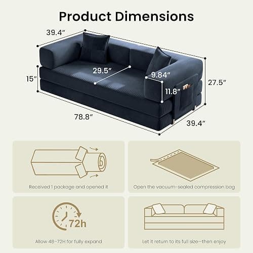 CUBENTE 78.8" Convertible Futon Sofa Bed, Boneless Couch for Living Room | Corduroy Boneless Loveseat Sleeper Sofa, Modular Futon Couch with Storage Pocket, Pull Out Couch No Assembly | Royal Blue thumbnail 2