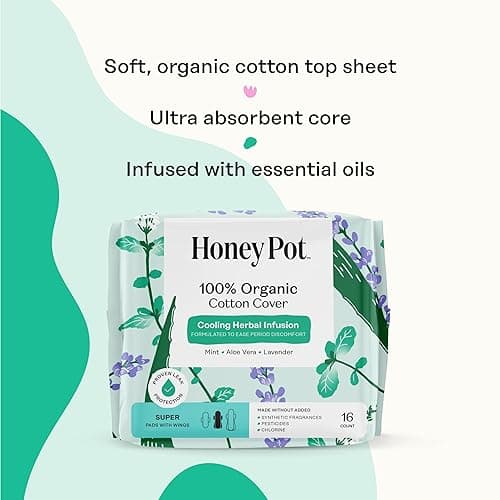 The Honey Pot Company - Herbal Pads for Women - Super w/Wings - Infused w/Essential Oils for Cooling Effect, Organic Cotton Cover, & Ultra-Absorbent Pulp Core - Feminine Care - FSA & HSA - 16 ct - 16 Count (Pack of 1) - Herbal Super Flow thumbnail 4