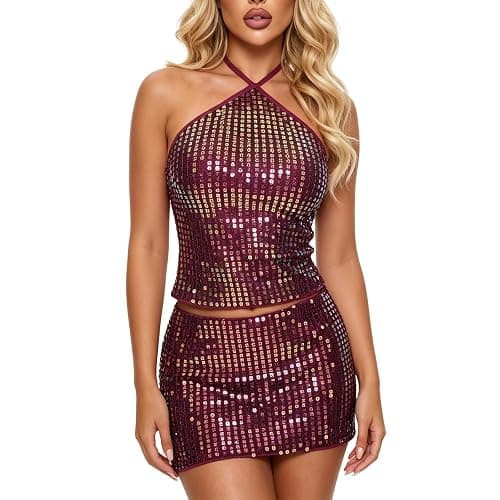 Fuguibadn Sexy 2 Piece Skirt Sets for Women Sequin Beaded Floral Halter Tank Tops Mini Skirt Y2K Suit Going Out Outfits - Image 1