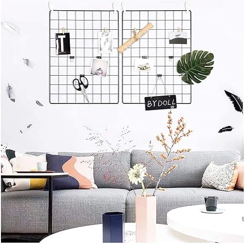 C&AHOME Photo Wall Grid Panel Set of 2, Decor Grid Panel, Photo Display Shelves, Hooks, Clips, Hemp Cord, Hammer, 15.7" 11.8", Black UWWGM3402B thumbnail 7