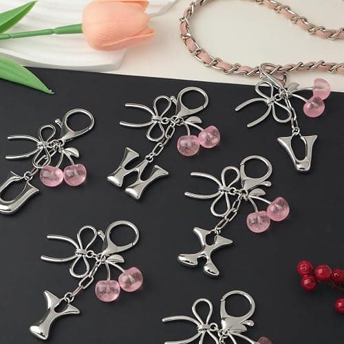 Snycler Bubble Initial Keychain with Bow & Cherry - Silver Letter Bag Charms for Women, Cute Purse Handbag Accessories thumbnail 5