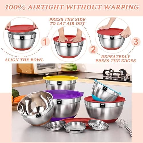 Umite Chef Mixing Bowls with Airtight Lids Set, 8PCS Stainless Steel Nesting Bowls Set, 3 Grater Attachments & Non-Slip Bottoms, Size 5, 4, 3.5, 2, 1.5QT for Baking & Mixing(Colorful) thumbnail 5
