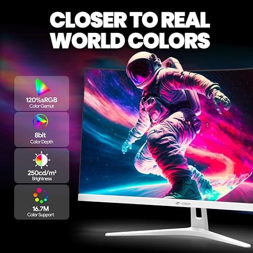 CRUA 27" Curved Gaming Monitor, FHD 1920x1080P, 165Hz/200Hz Computer Monitor, 1800R VA Screen, 120% sRGB, Support AMD FreeSync, Blue Light Filter, HDMI & DP, Wall Mount Install- White thumbnail 4