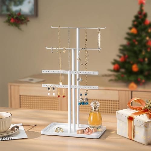 pickpiff Jewelry Stand Organizer, 14.5" Tall Sturdy Metal, 3-TierJewelry Holder for Necklace, Earring, Bracelet, Ring, Hanger for Display and Storage, Aesthetic Room Decor, White thumbnail 7