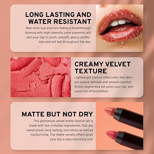 CoralBeau Matte Lipstick Set - 12-Piece Lip Crayon Set With Nude, Pink, Mauve & Red Shades - Waterproof, Long-Wearing Smudge Proof Lipstick Formula with Rich Colors & Pigments thumbnail 4
