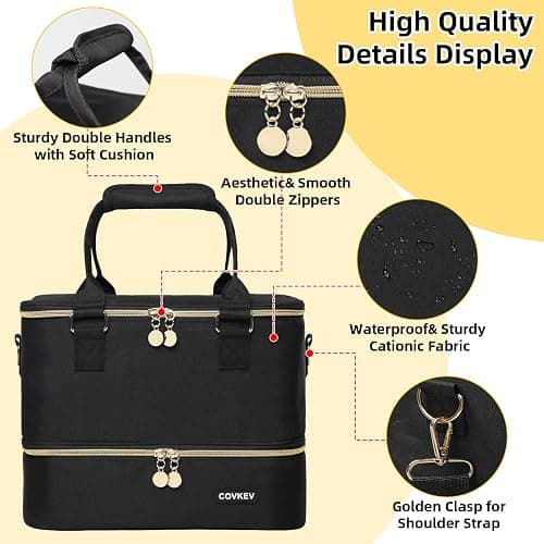 Covkev Nail Polish Organizer Hold 80 Bottles (15ml/0.5 fl.oz)& Nail Lamp, Double Layer Nail Bag Organizer Case with Handle, Large Nail Supplies& Kit Storage Case for Women Travel (Black& Golden) thumbnail 5