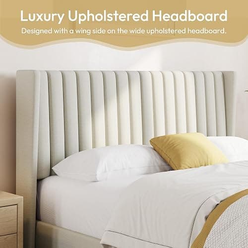 Yaheetech Queen Bed Frame Upholstered Platform Bed with Fabric Headboard, Wing Edge Design/Non-Slip and Noise-Free/Wooden Slats Support/No Box Spring Needed/Easy Assembly, Ivory Queen Bed thumbnail 9