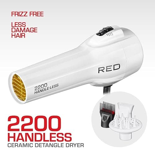 Red by KISS HandleLess Blow Dryer 2200W Ceramic Tourmaline White Color, 3 Heat Settings, Pik and Diffuser Included Comfortable Grip, Ionic for Frizz-Free Shine, Detangler & Straightening thumbnail 2