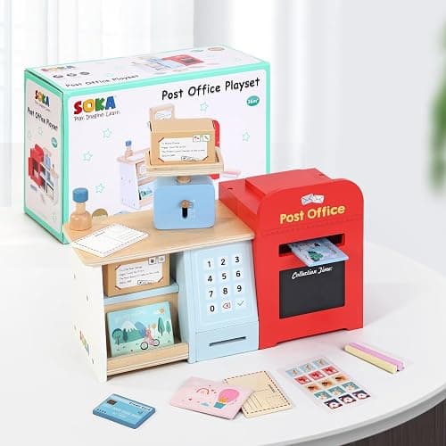 SOKA Wooden Post Office Play Set with Stamps and Mail Creative Pretend Play Toy Role Playset Educational Montessori Developmental Game For Kids Children Boys Girls 3 year old + thumbnail 9